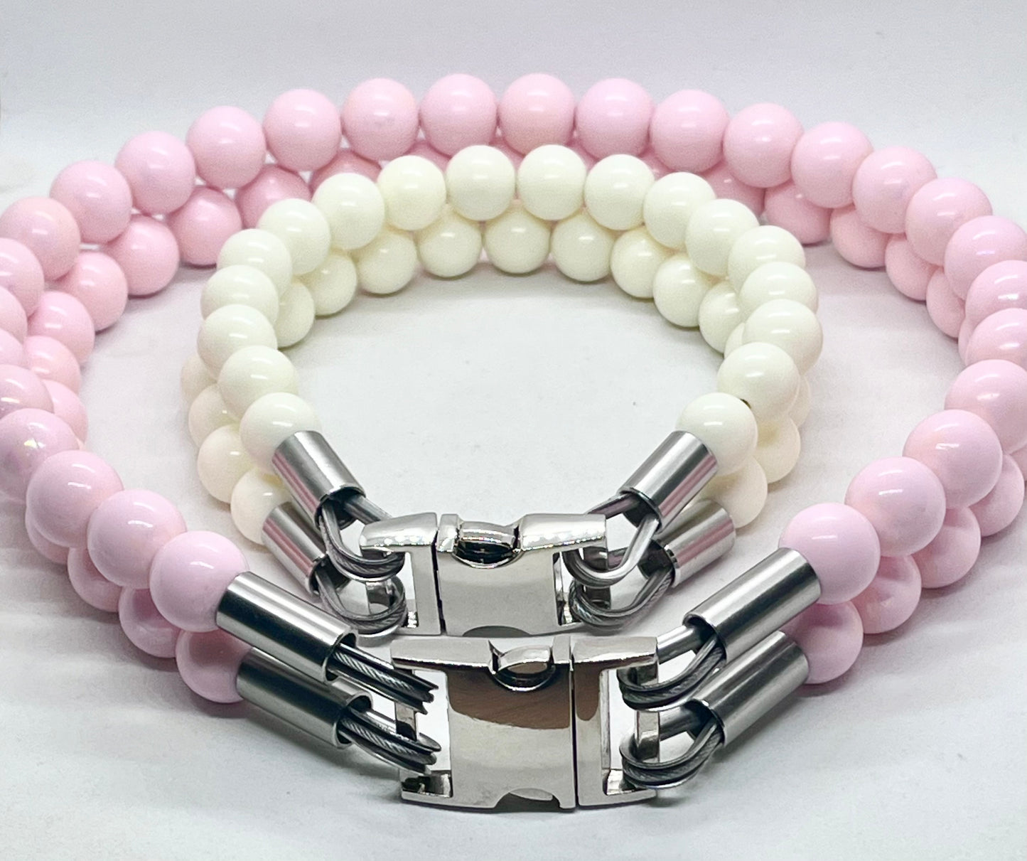 'Glow Up' Double White Beaded Stainless Steel Dog Collar20mm