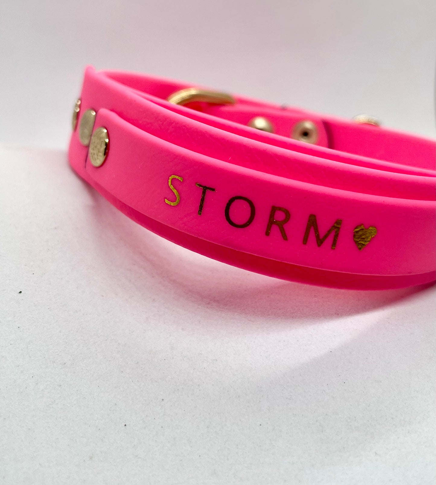 A bright pink pet collar with brass and gold  hardware and the name 'STORM' printed in gold lettering on the front, set against a plain light background.