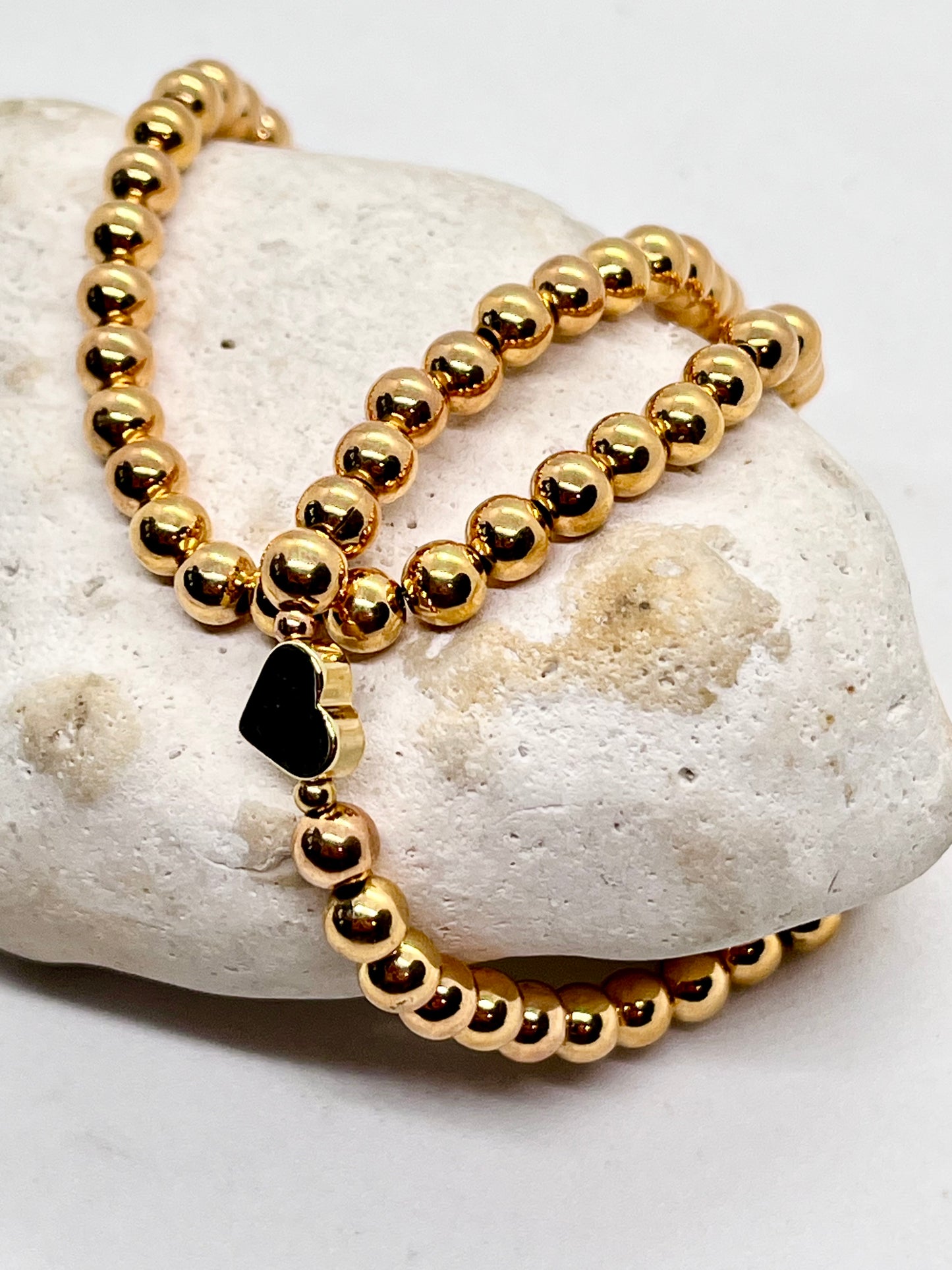 Gold Plated Bead Ball Bracelet - Heart Centre Charm Bracelet