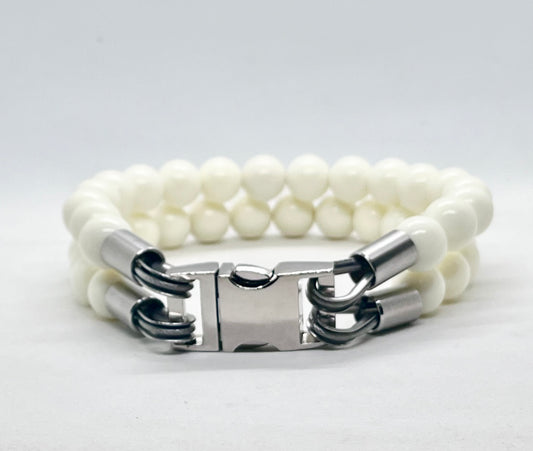'Glow Up' Double White Beaded Stainless Steel Dog Collar20mm