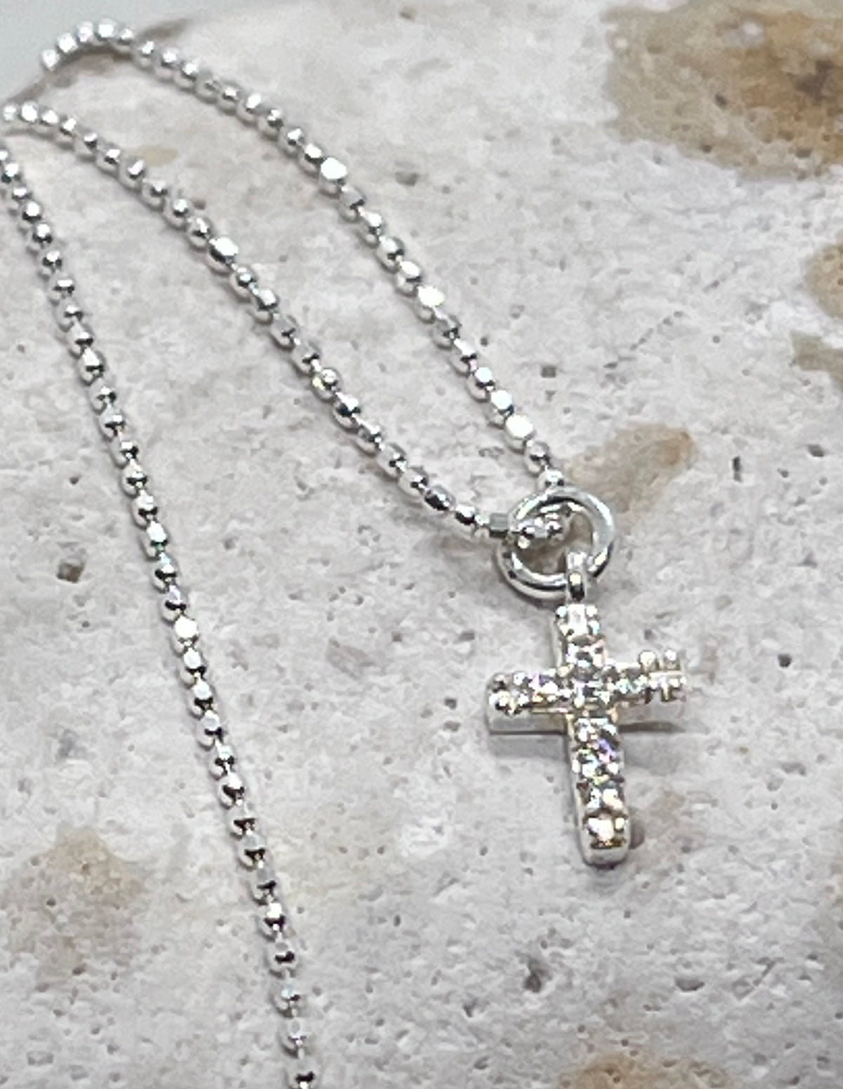 925 'Diamanté Cross' Charm Necklace - Sterling Silver Diamond Cut Ball Chain