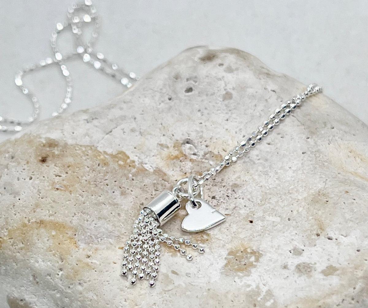925 'Tassel Love' Tassel Heart Charm Necklace - Sterling Silver Diamond Cut Ball Chain