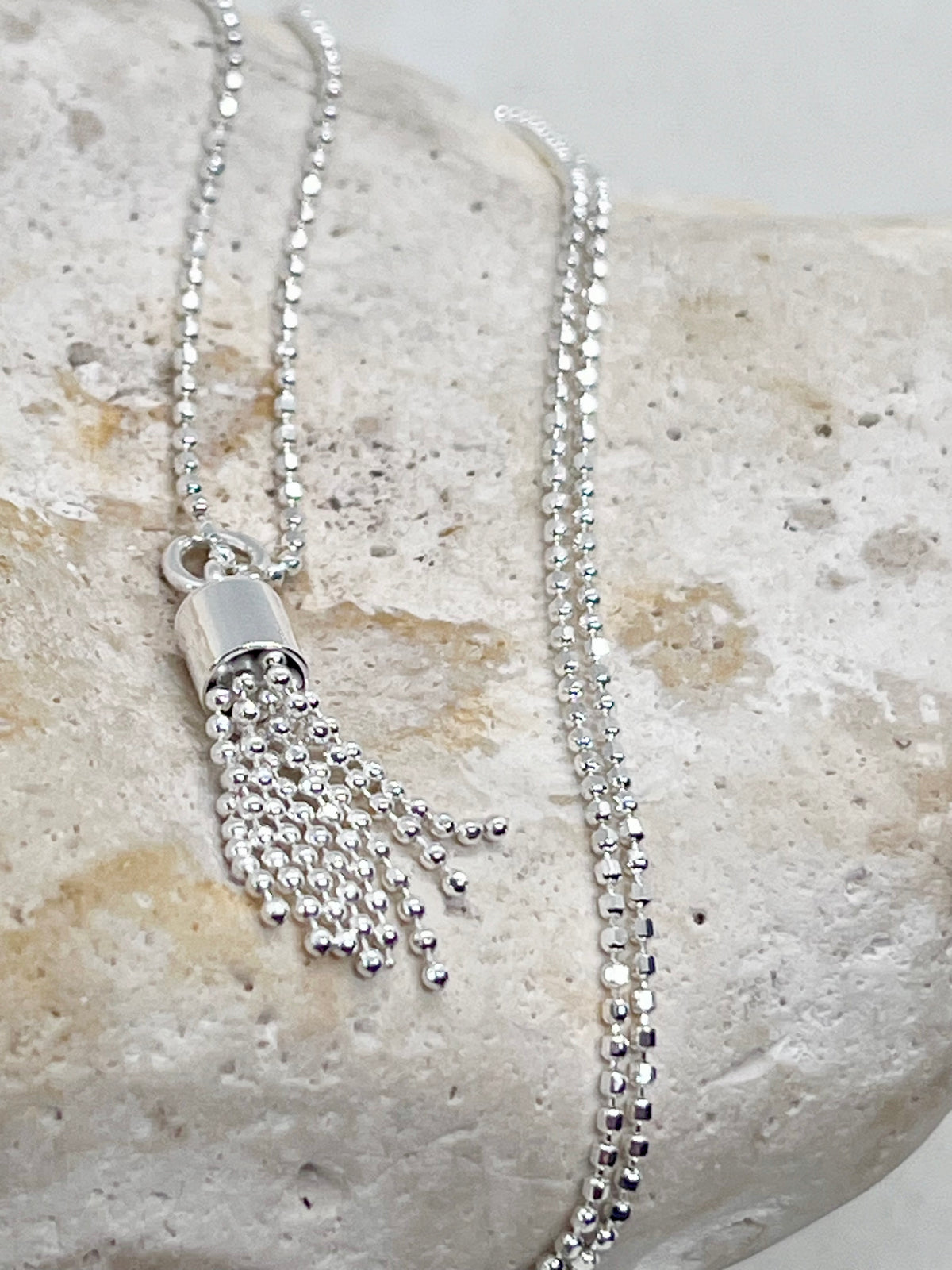 925 'Tassel Love' Tassel Heart Charm Necklace - Sterling Silver Diamond Cut Ball Chain