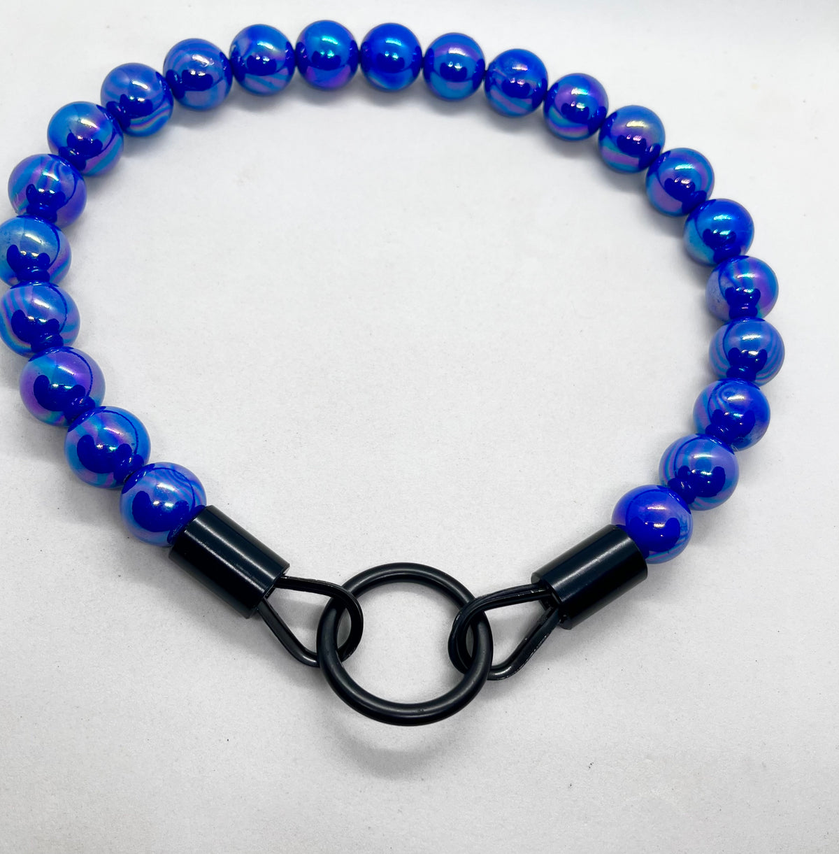 Iridescent Blue 'Top Dog' Beaded Collar with Matte Black Stainless Steel Hardware