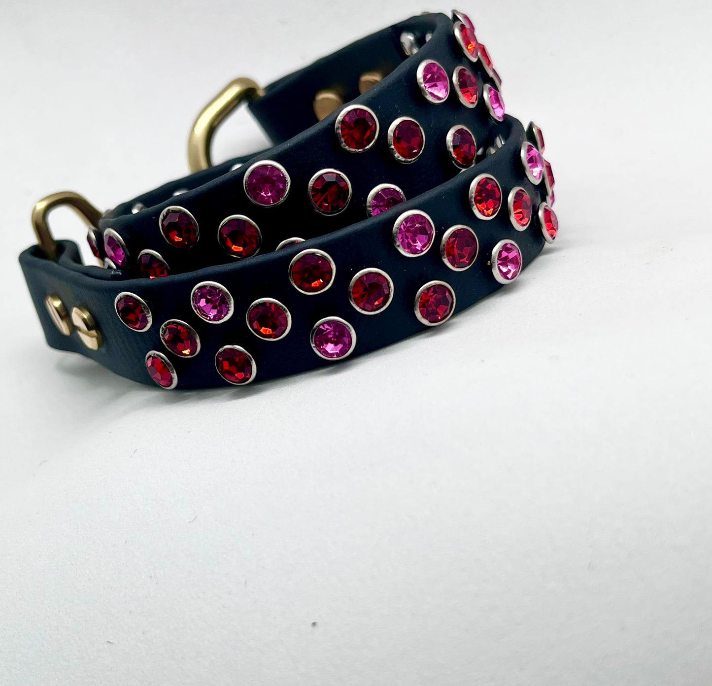 Diamanté Storm Black BioThane Dog Collar - Red & Pink Diamanté with Solid Brass