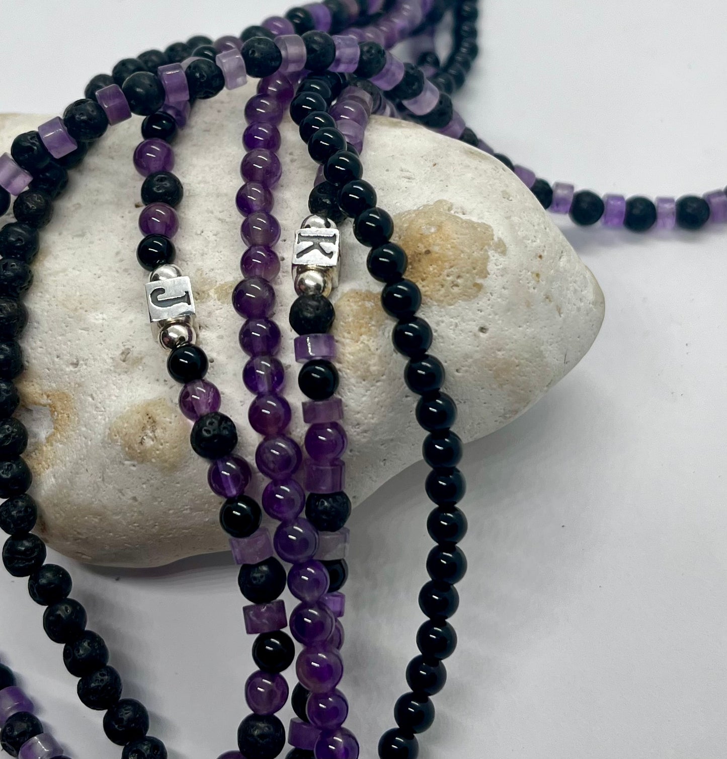 'Amethyst Cube Charm’ unisex genuine Amethyst, Black Onyx, Lava bead & 925 sterling silver personalised cube letter bracelet