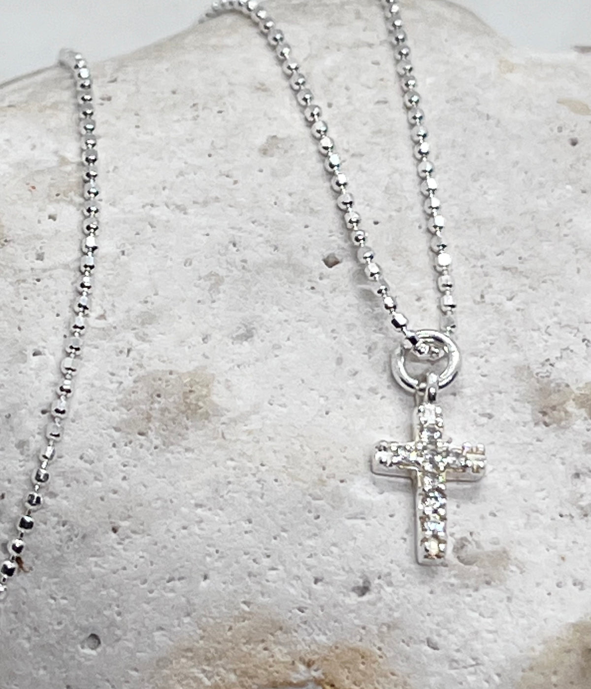 925 'Diamanté Cross' Charm Necklace - Sterling Silver Diamond Cut Ball Chain