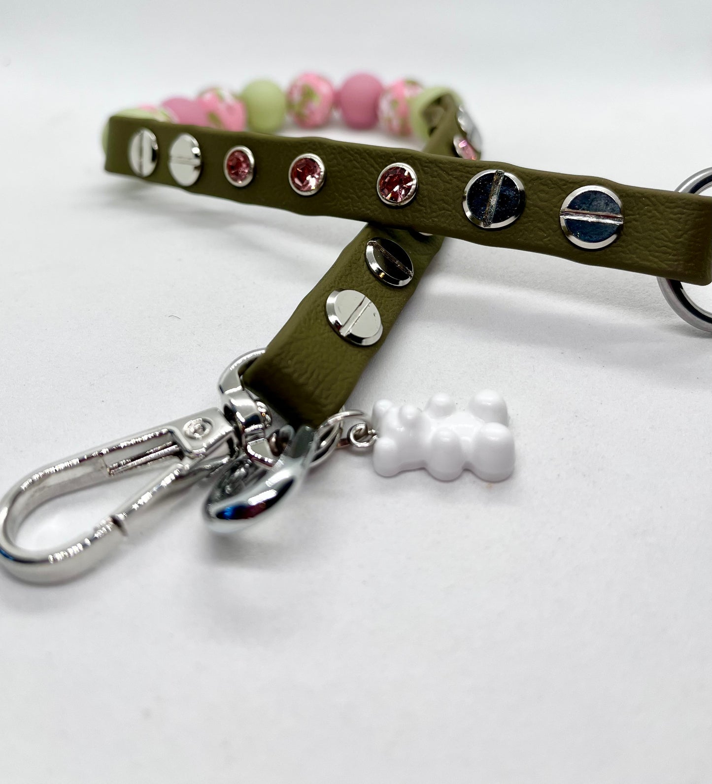 'Petal Edge' Flower Bead Khaki BioThane® Collar with Baby Pink Diamanté Studs