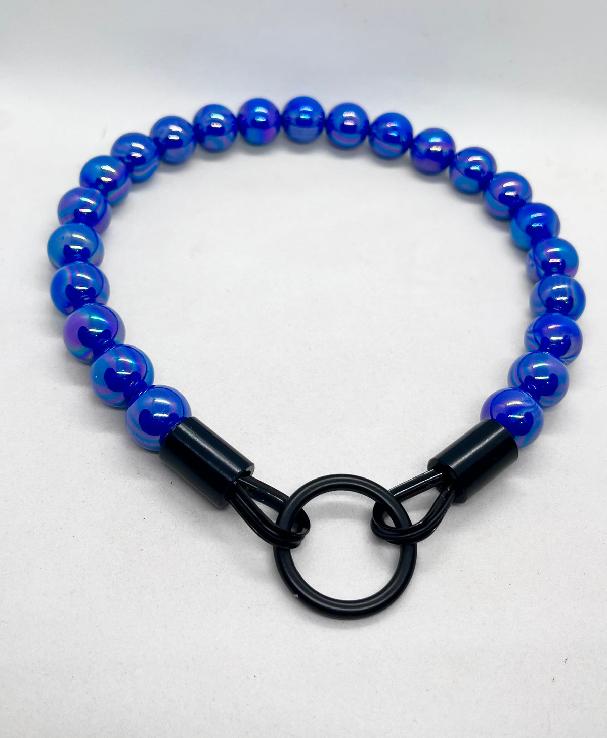 Iridescent Blue 'Top Dog' Beaded Collar with Matte Black Stainless Steel Hardware