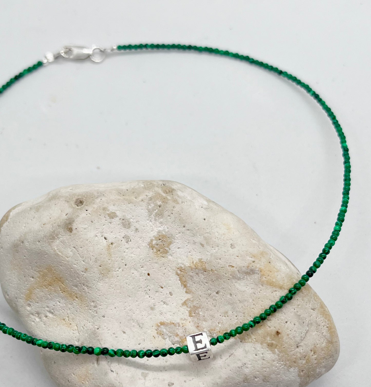 Malachite beaded necklace choker 925 sterling silver cube initial