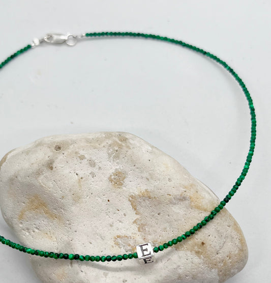 Malachite beaded necklace choker 925 sterling silver cube initial
