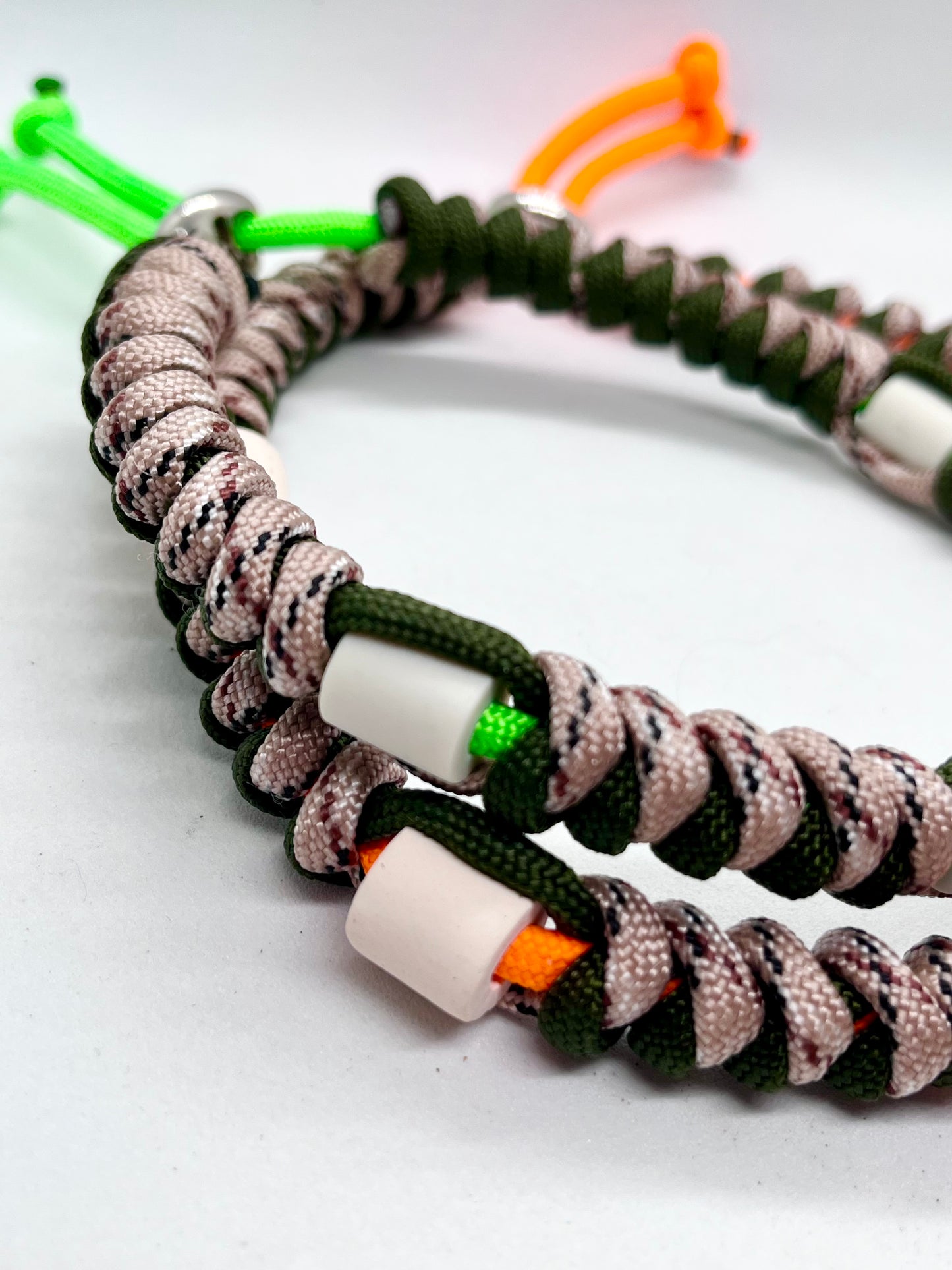 'Tactical Neon' Paracord EM Collar - Neon Orange & Army Green Beaded Flea & Tick Prevention