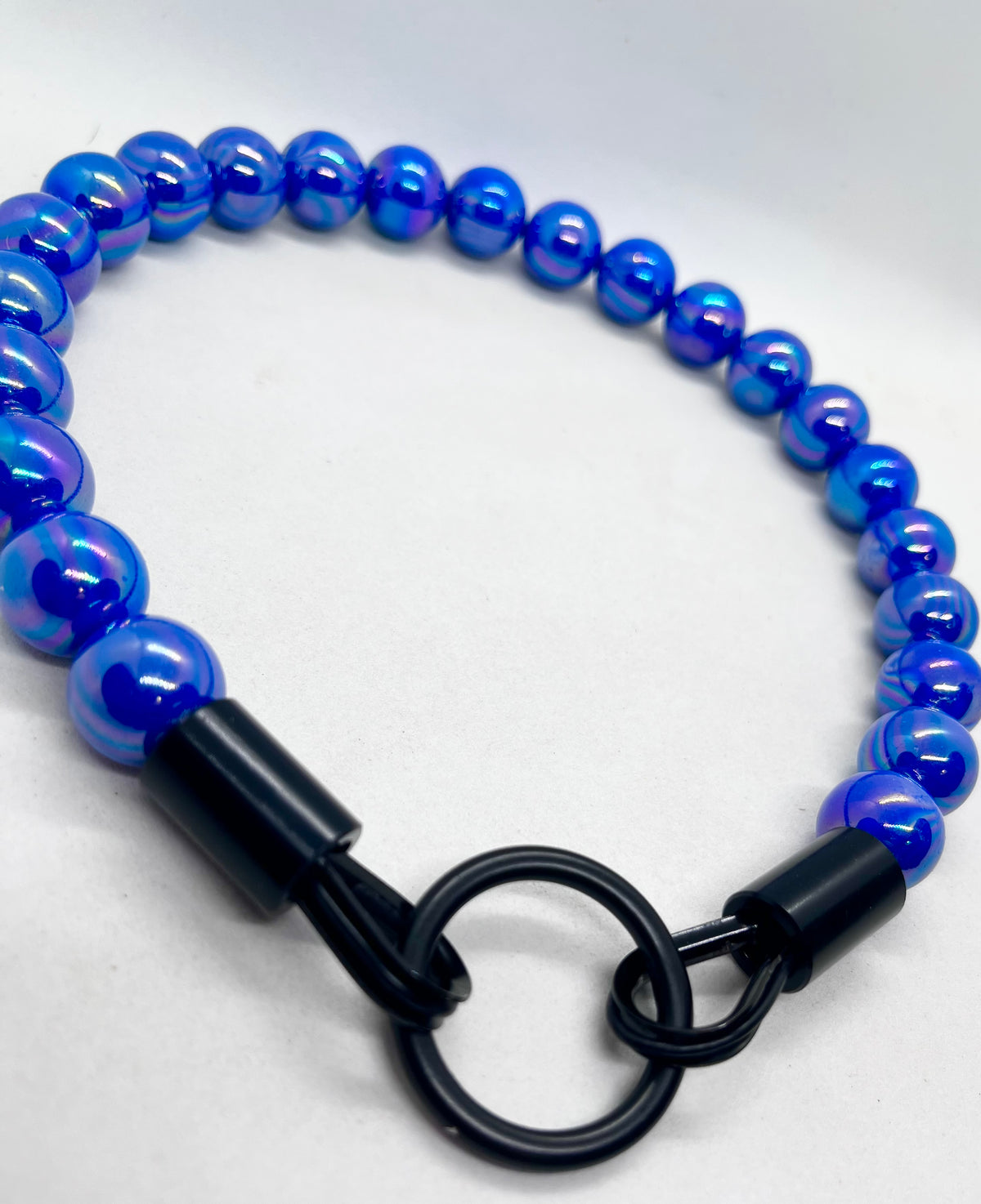 Iridescent Blue 'Top Dog' Beaded Collar with Matte Black Stainless Steel Hardware