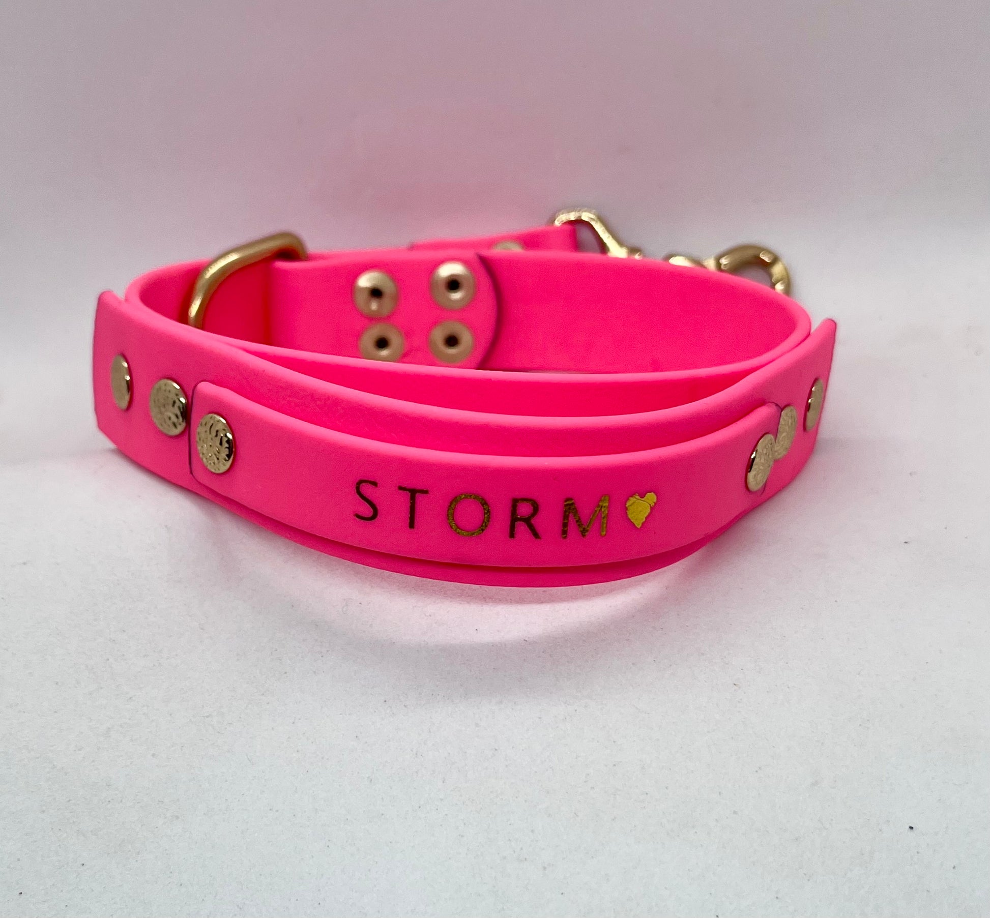 A neon pink pet collar with gold-tone hardware and brass clasp, featuring the name 'STORM' and a small heart embossed on the front, JOOLS LONDON