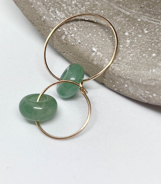 'Aventurine Zen' 14k Gold Green Aventurine Donut Plain Fine Wire Ear Hoop Earrings
