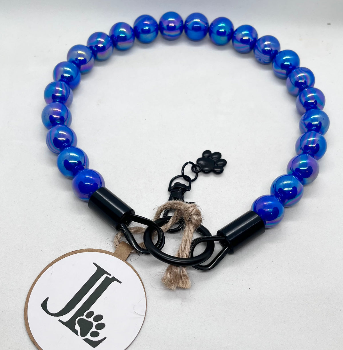 Iridescent Blue 'Top Dog' Beaded Collar with Matte Black Stainless Steel Hardware
