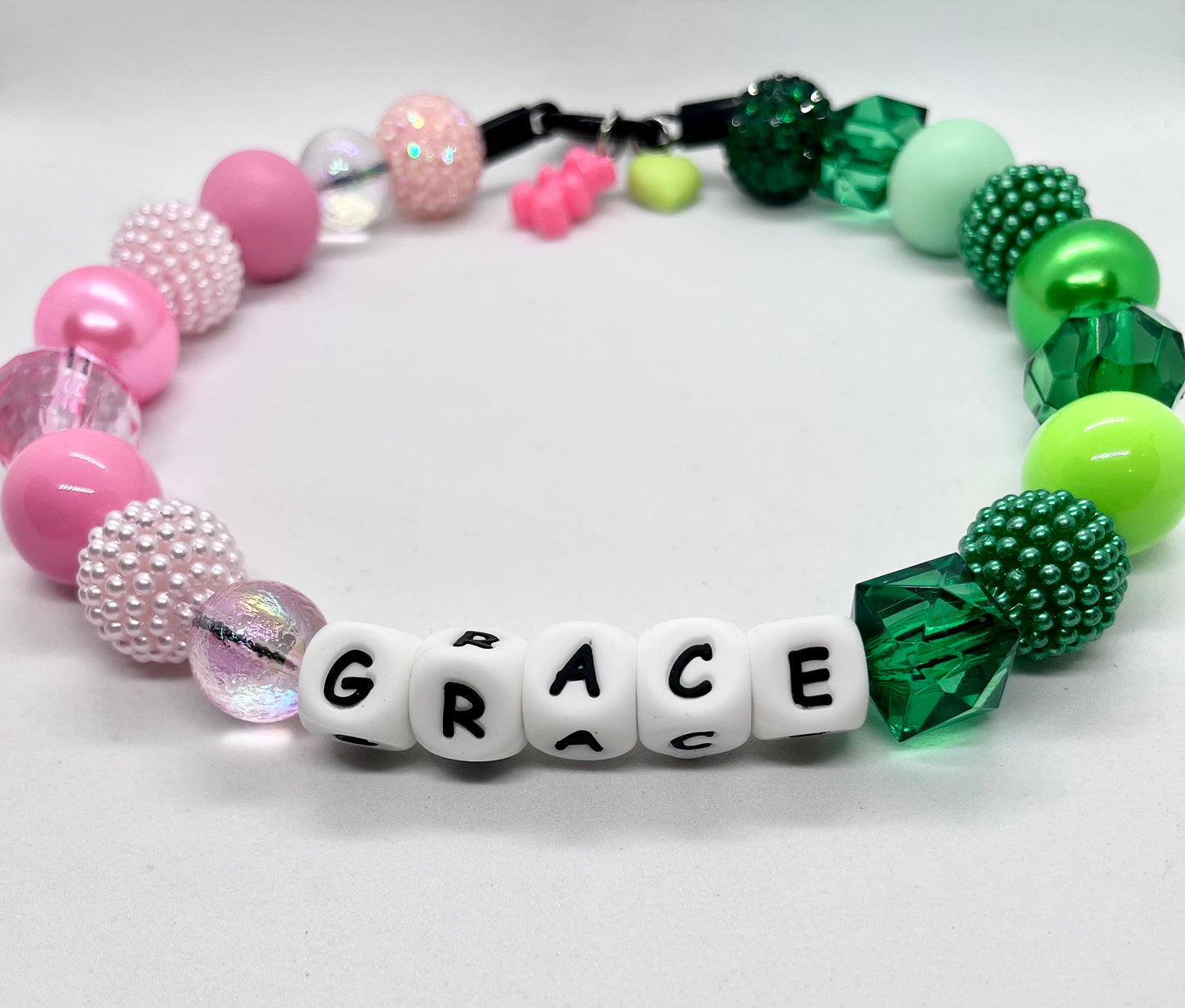 ‘Pink Poison’ Wicked, movie inspired pink & green sparkle ombré iridescent personalised beaded bead dog collar pet necklace