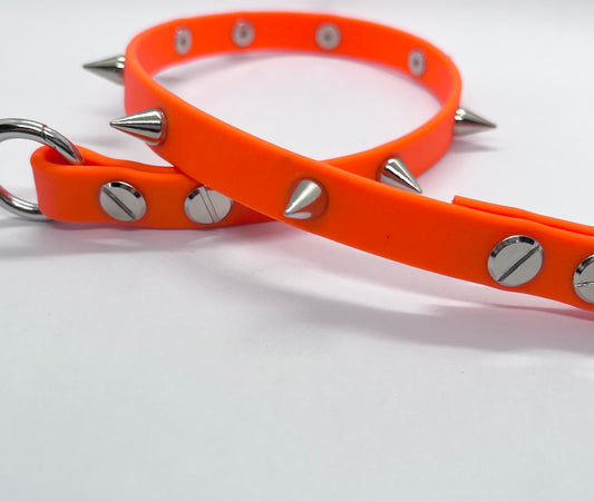 'Oh Really' Neon biothane studded collar with silver or gunmetal spike cone studs