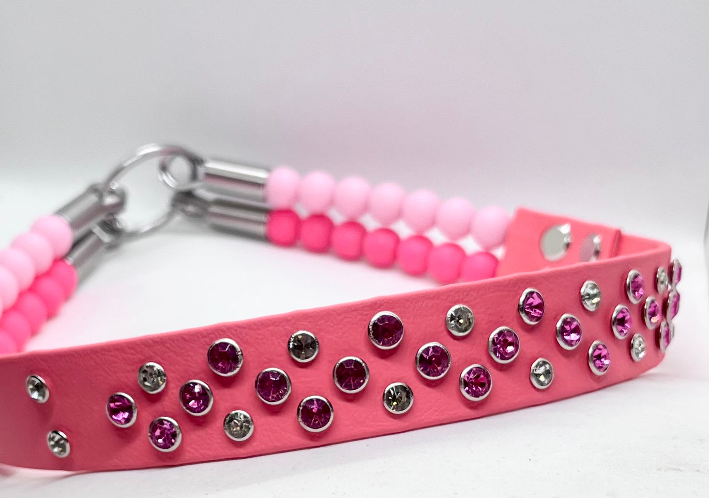 ‘Luxe Pink’ Double Beaded & BioThane Diamante Dog Collar