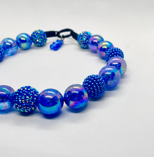 'Watch Me' Blue Beaded Dog Collar - Super Sparkly Pet Necklace
