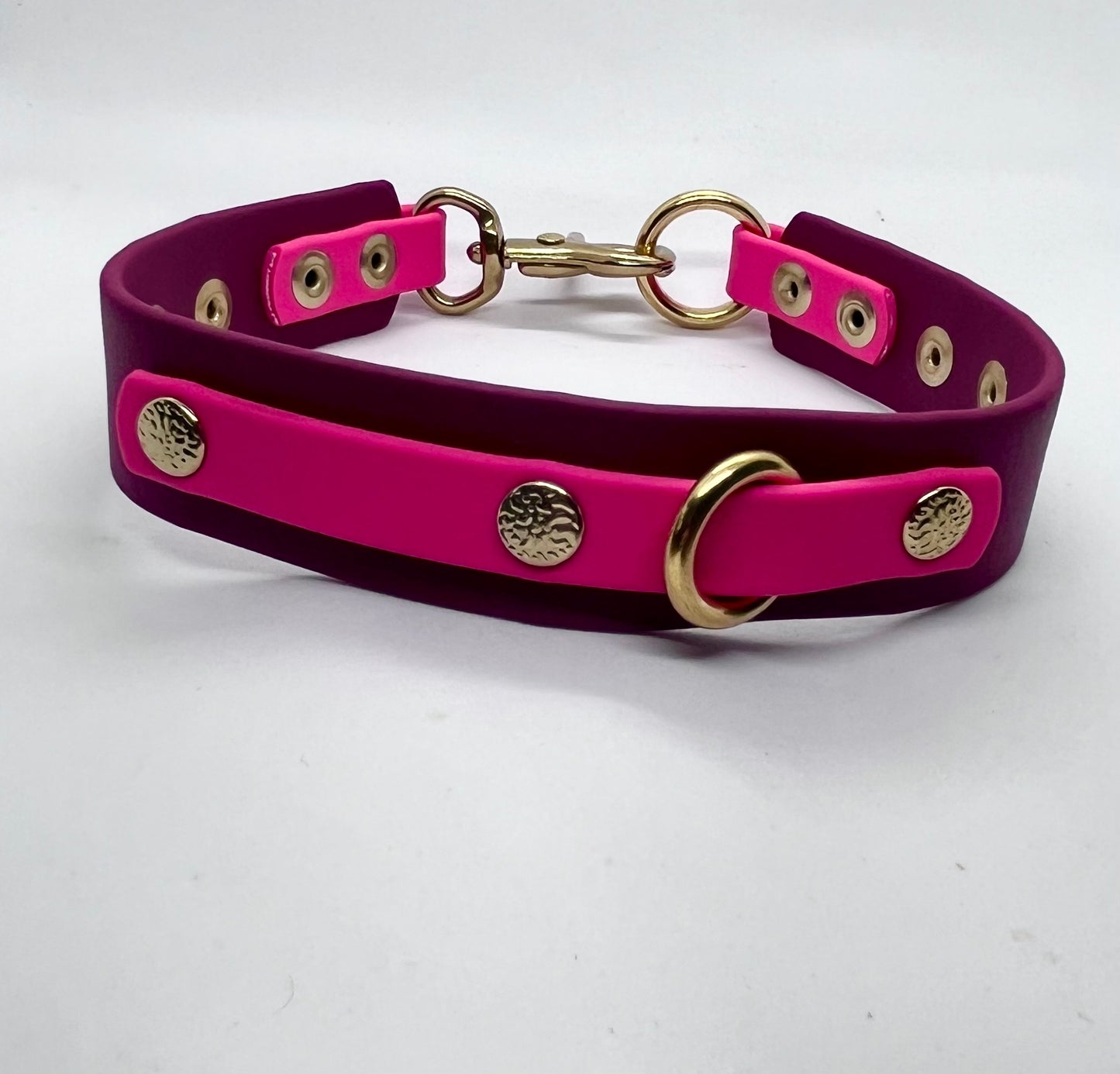 Detail shot of 'How Posh' BioThane® collar - solid brass buckle and rivets | JOOLS LONDON