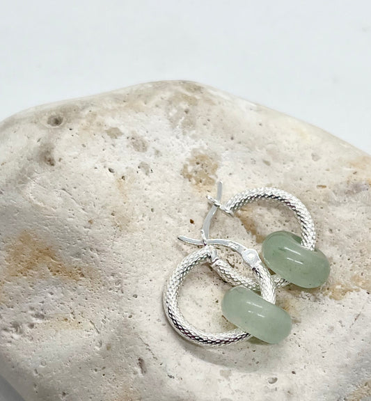 'Aventurine Dream' Sterling Silver & Green Aventurine Crystal Diamond Cut Donut Hinged Hoop Earrings