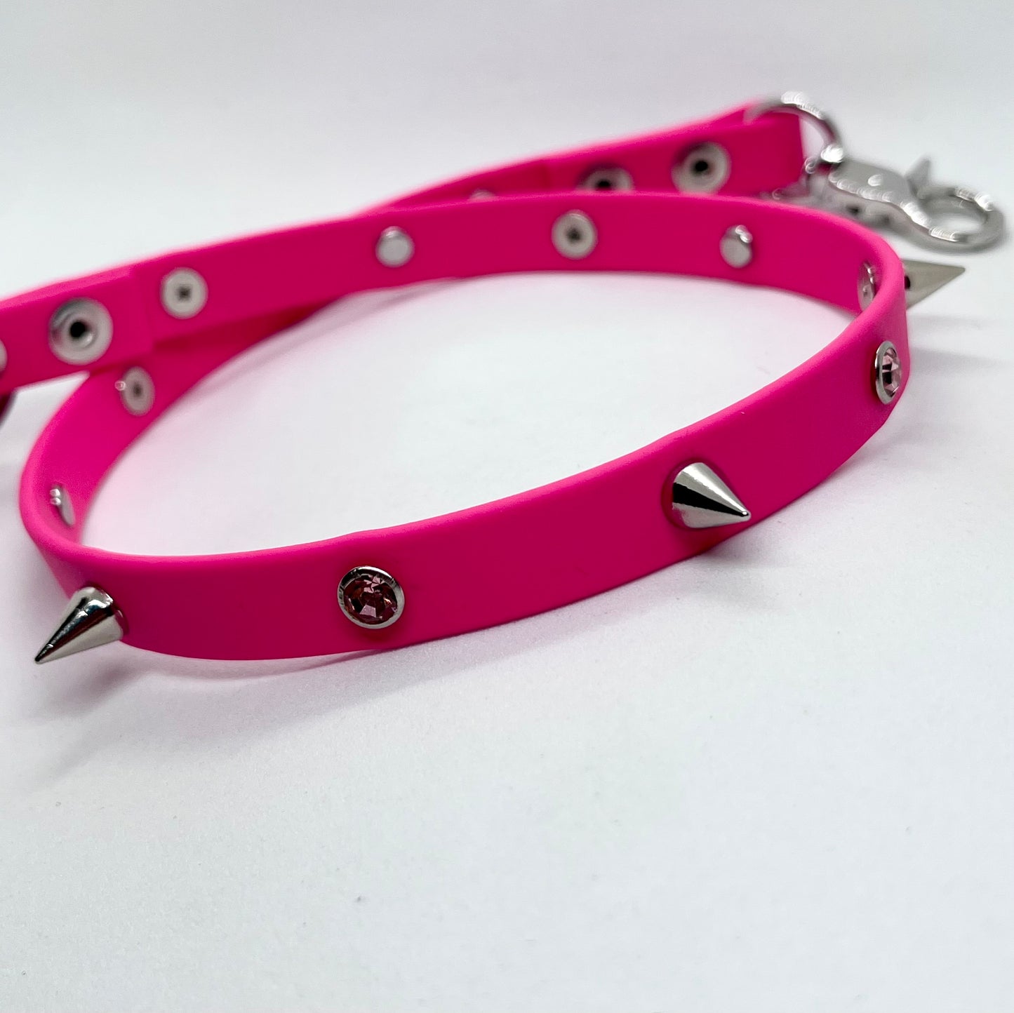 'Diamanté Drama' Bright Pink BioThane® Diamanté & Spiked Studded Collar