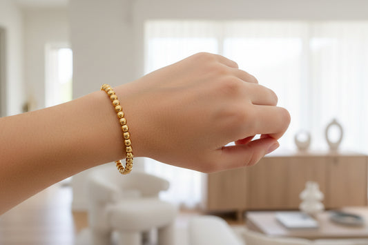 Gold Plated Bead Ball Bracelet - Heart Centre Charm Bracelet