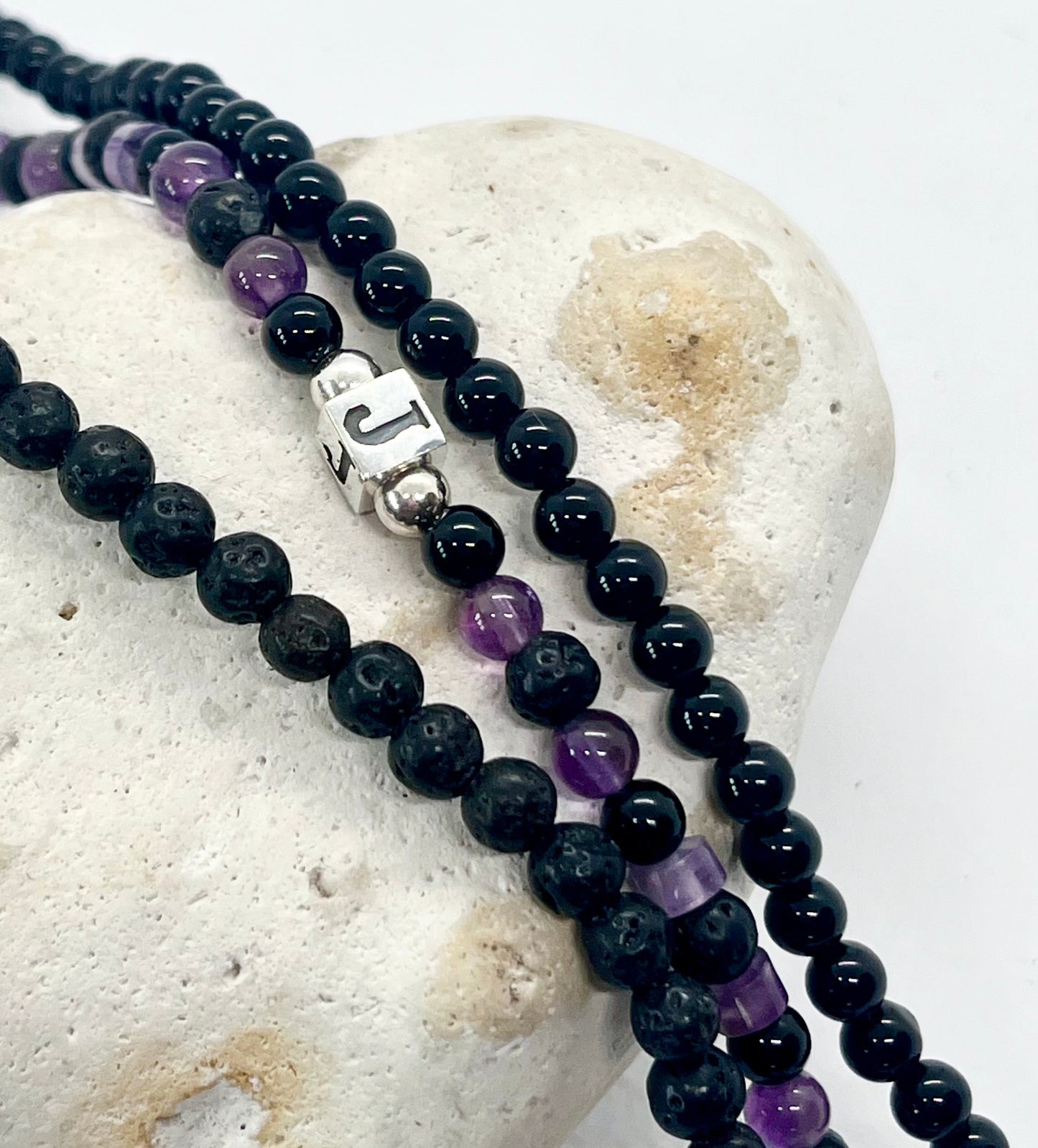 'Amethyst Cube Charm’ unisex genuine Amethyst, Black Onyx, Lava bead & 925 sterling silver personalised cube letter bracelet
