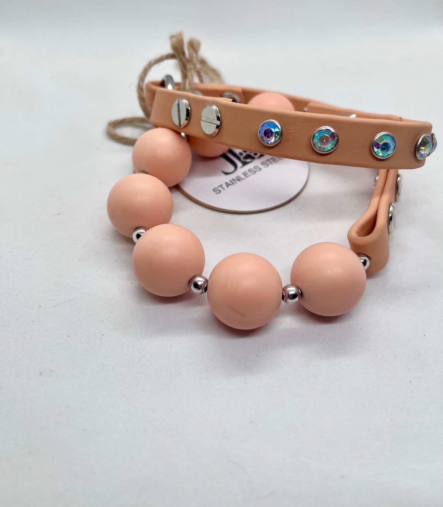 'Peachy Luxe' Peach Bead & BioThane® Collar with Iridescent Diamanté Stud Dog Necklace | 19 inch | Reduced to £16.20
