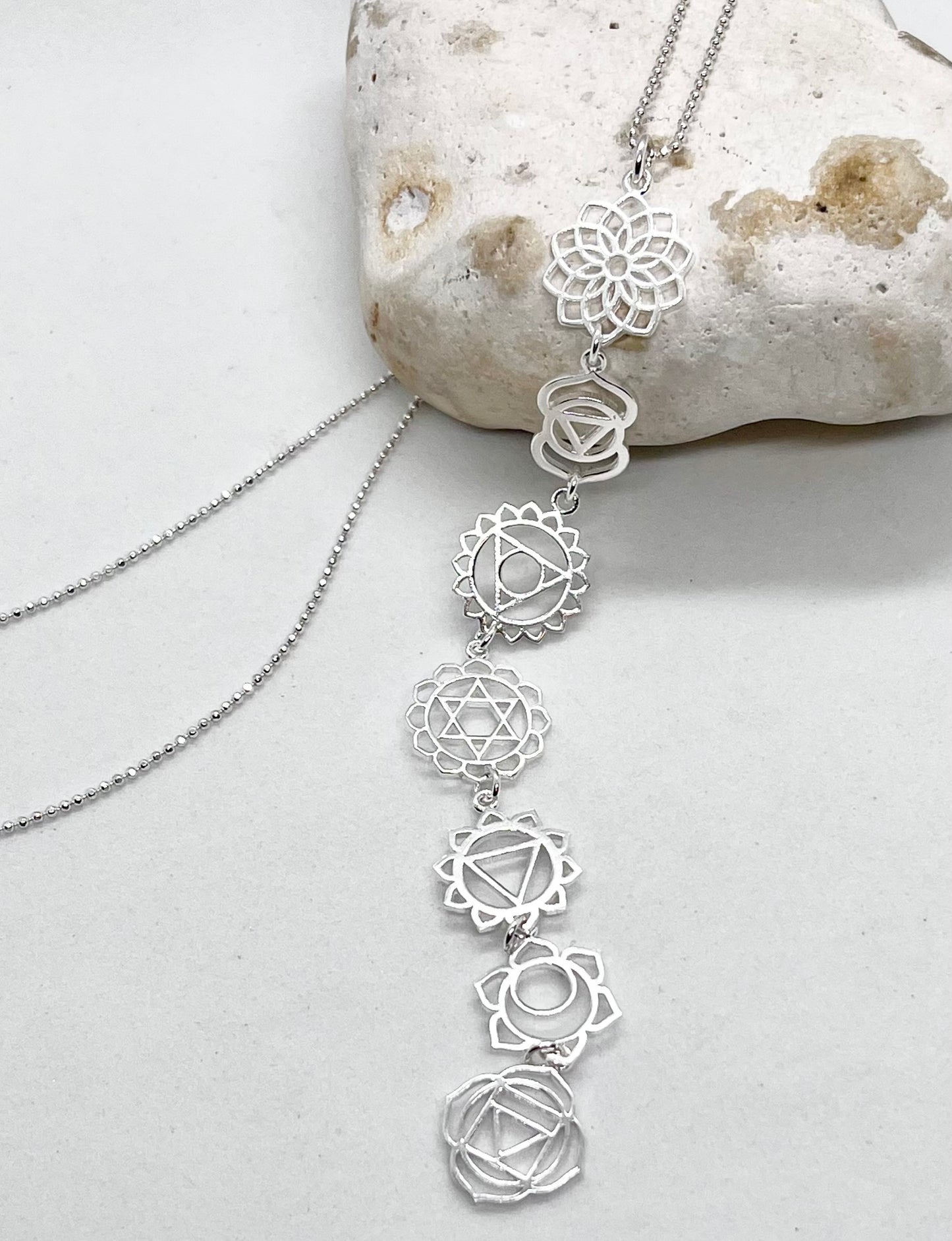 ‘Boho Chakra’ drop necklace 925 sterling silver diamond cut ball chain