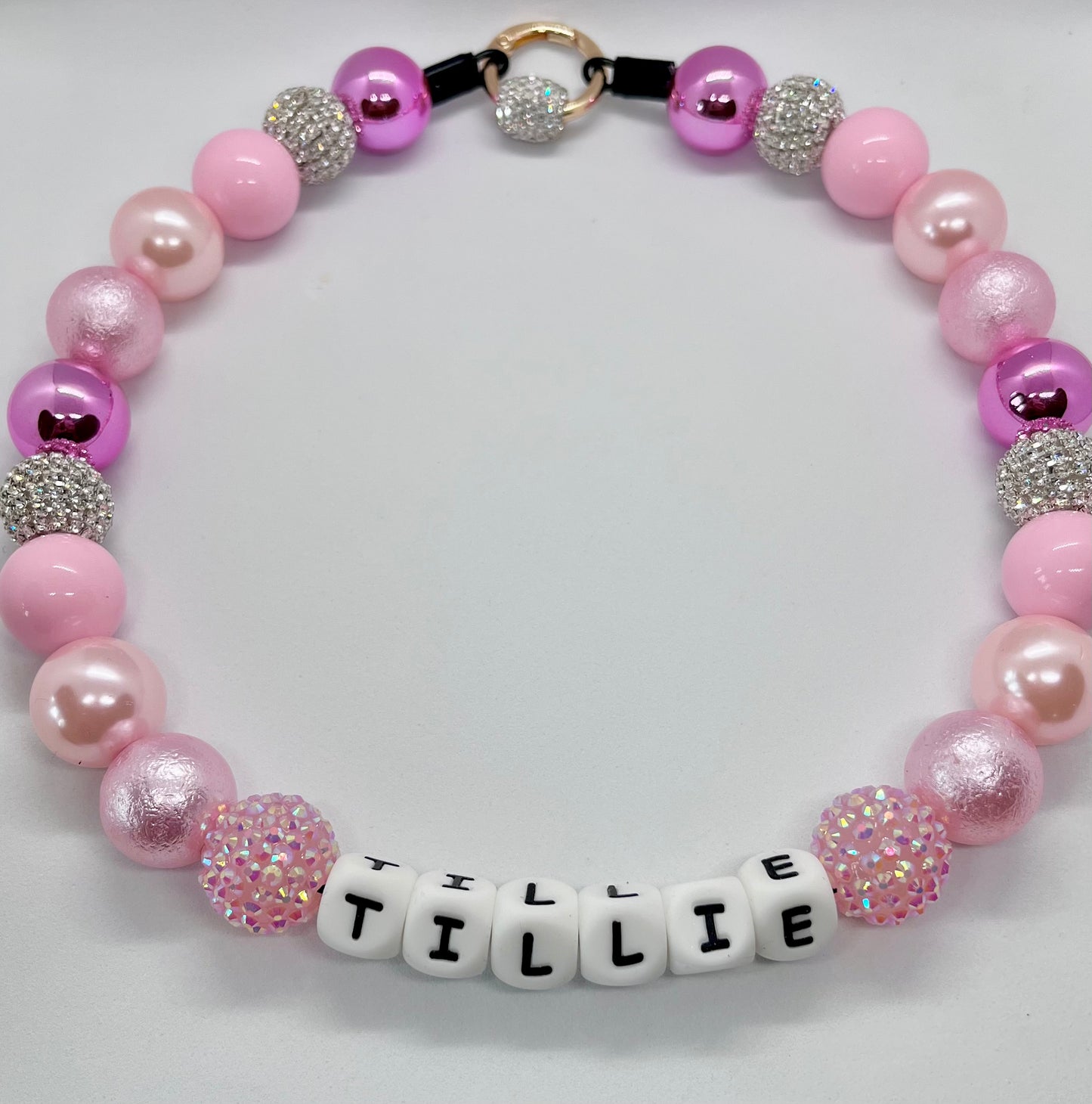 ‘Diamond Force’ pink foil, pearl & diamanté sparkle iridescent personalised beaded bead dog collar pet necklace