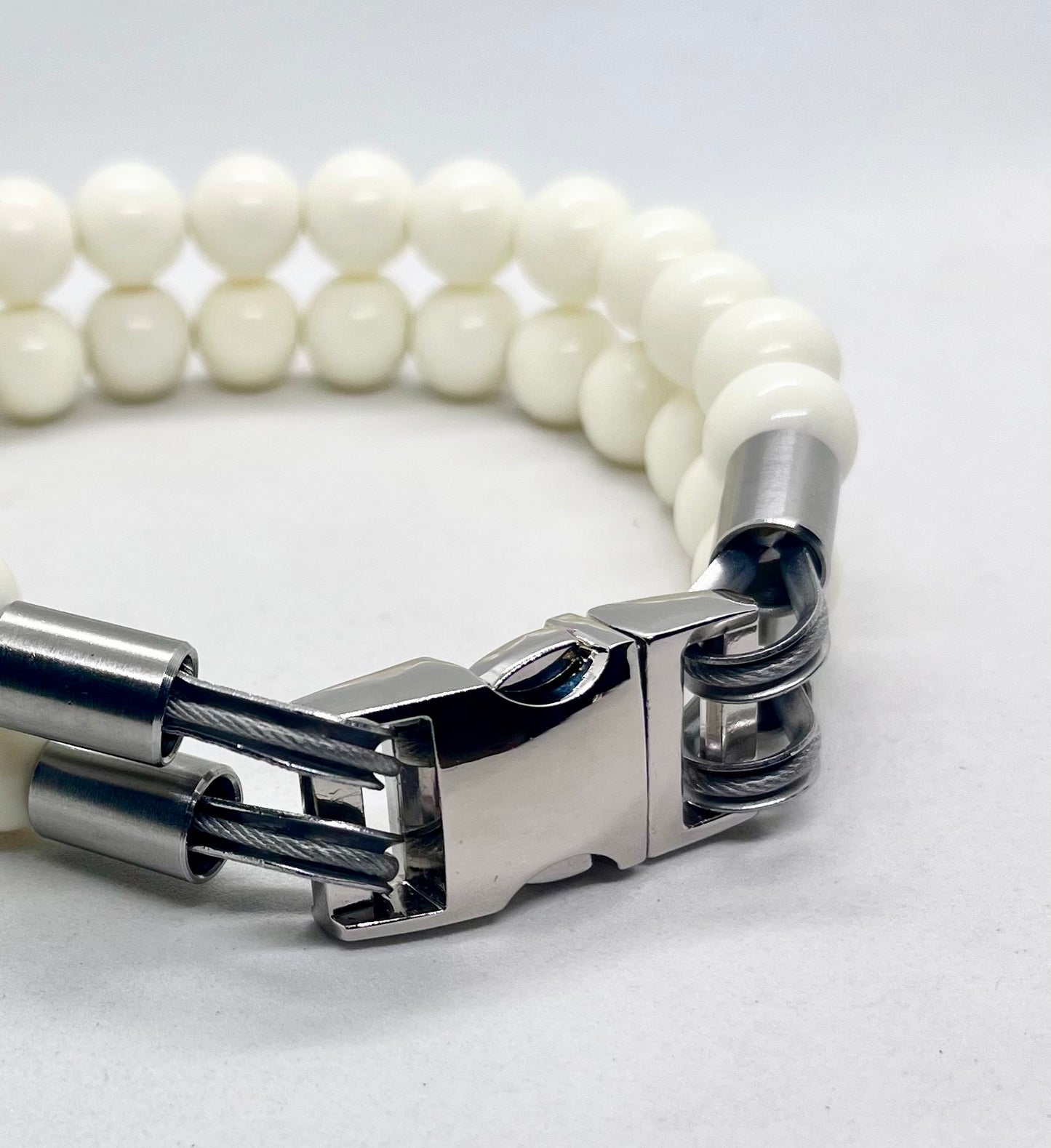 'Glow Up' Double White Beaded Stainless Steel Dog Collar20mm