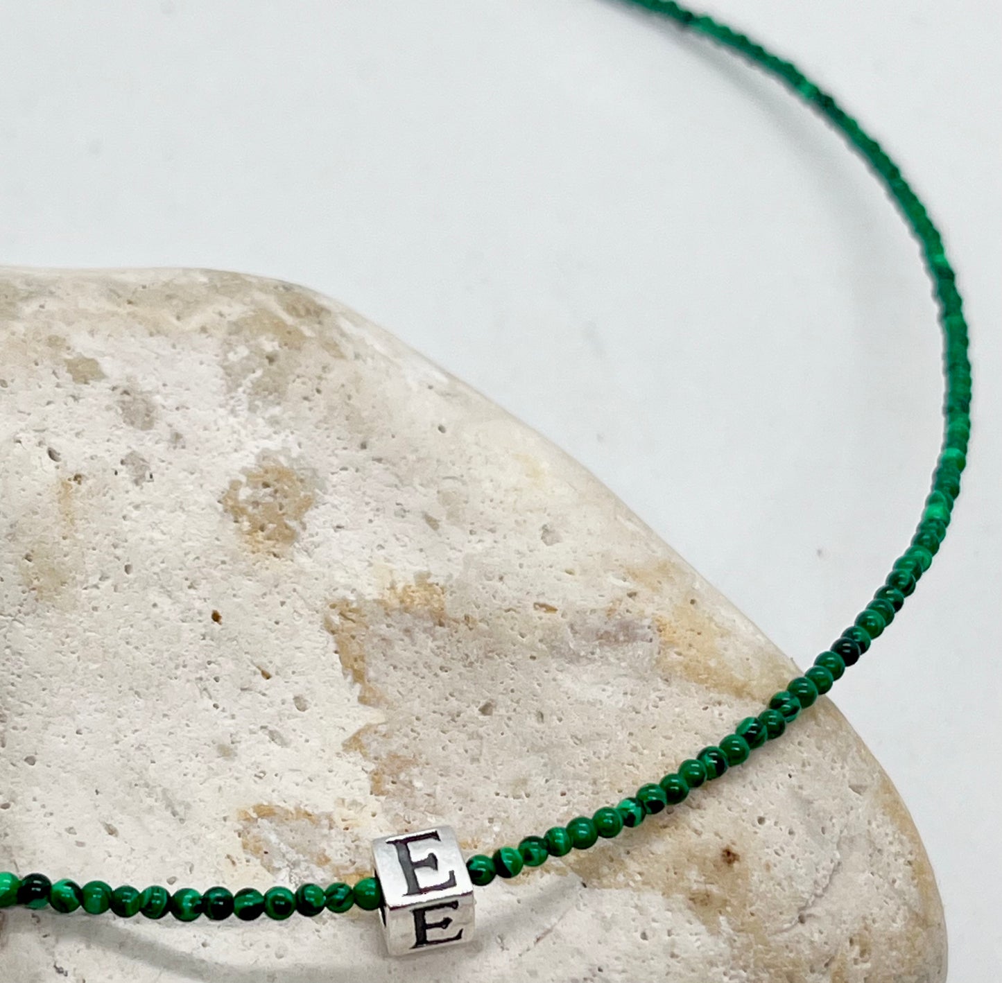 Malachite beaded necklace choker 925 sterling silver cube initial