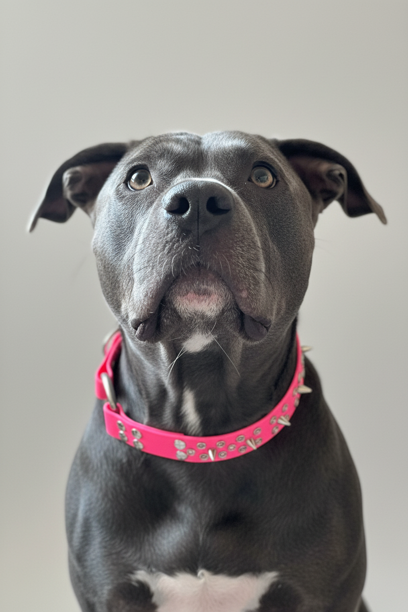 Close-up of neon pink BioThane dog collar showing mixed crystal rhinestone and spike studs