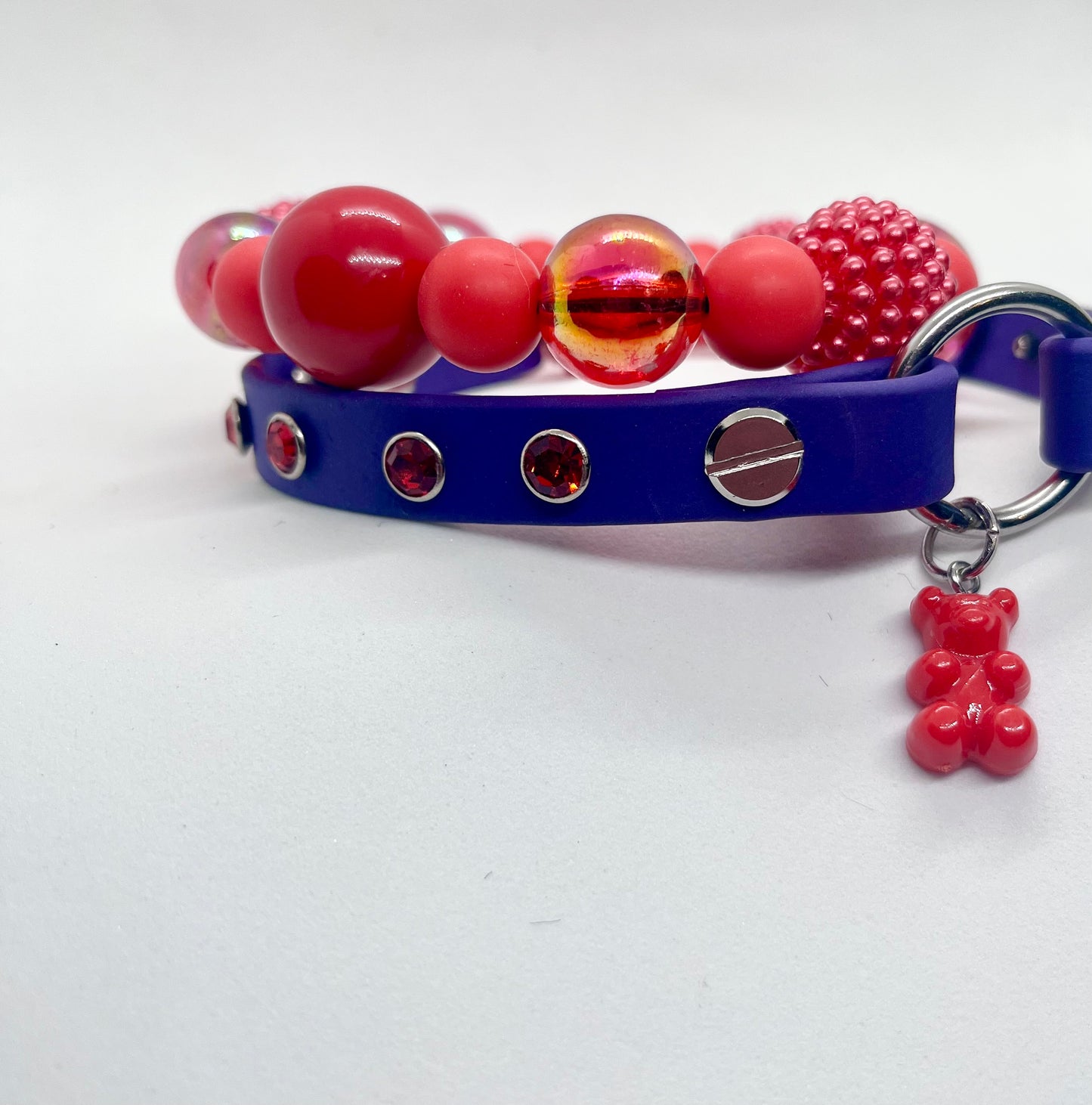 ‘Berry Bold’ Red Beaded Dog Collar - Purple BioThane® with Diamanté Studs