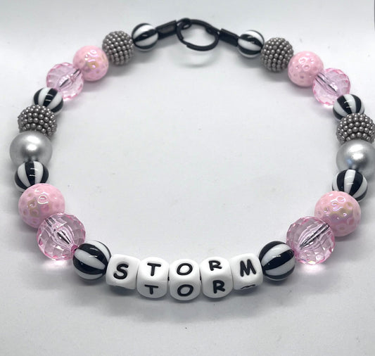 Pink & grey candy stripe personalised beaded dog collar pet necklace