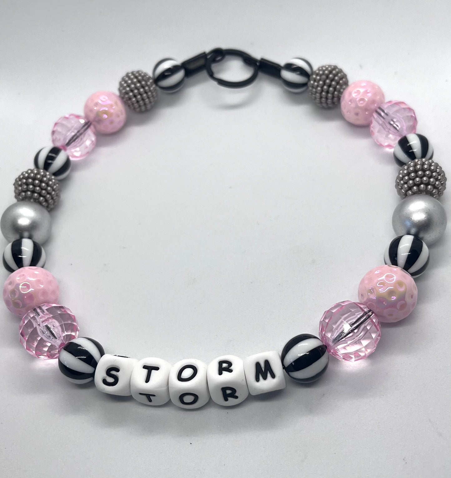 Pink & grey candy stripe personalised beaded dog collar pet necklace